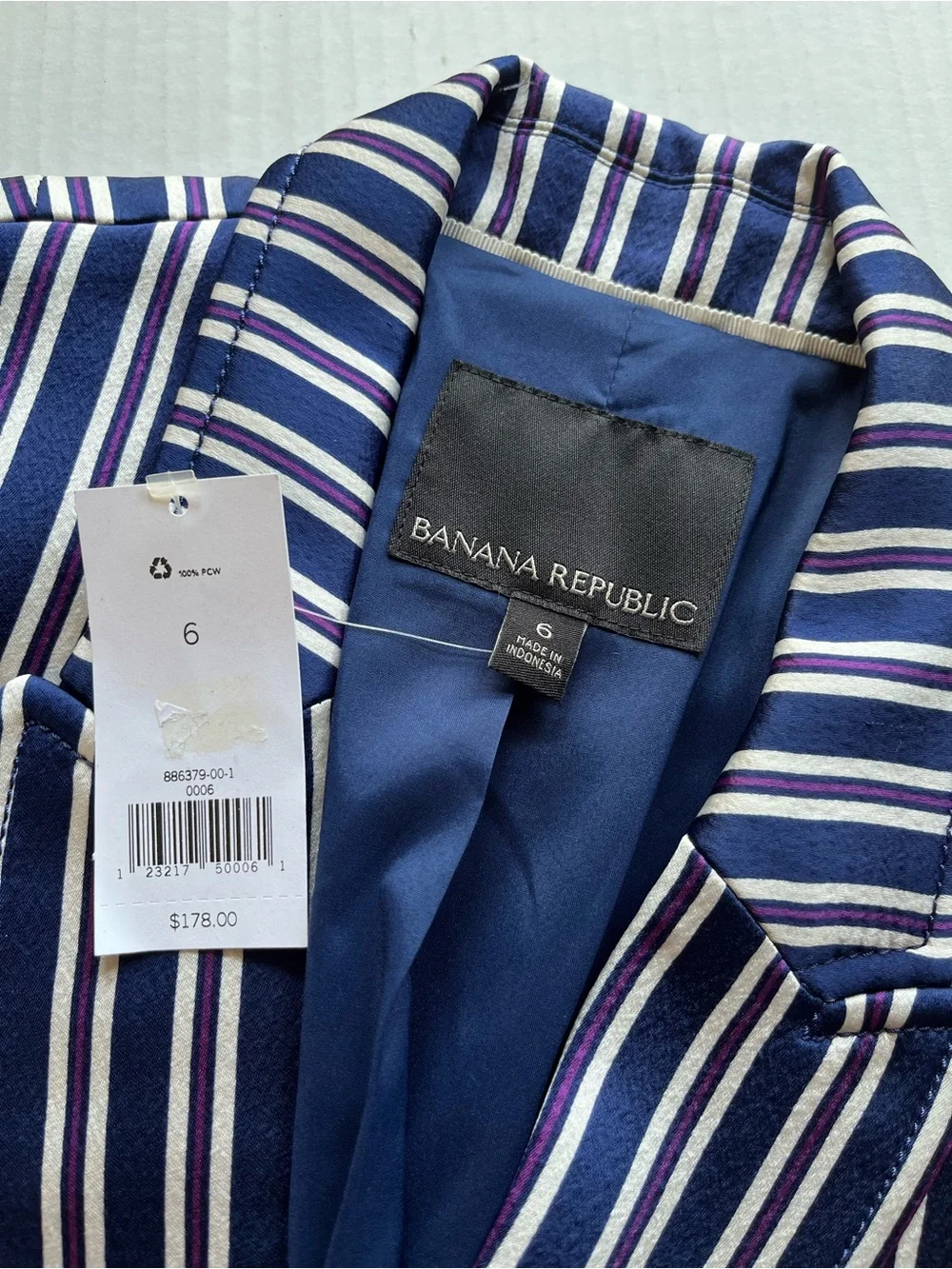 NWT Banana Republic Navy Burgundy & White Striped Double-Breasted Blazer Jacket